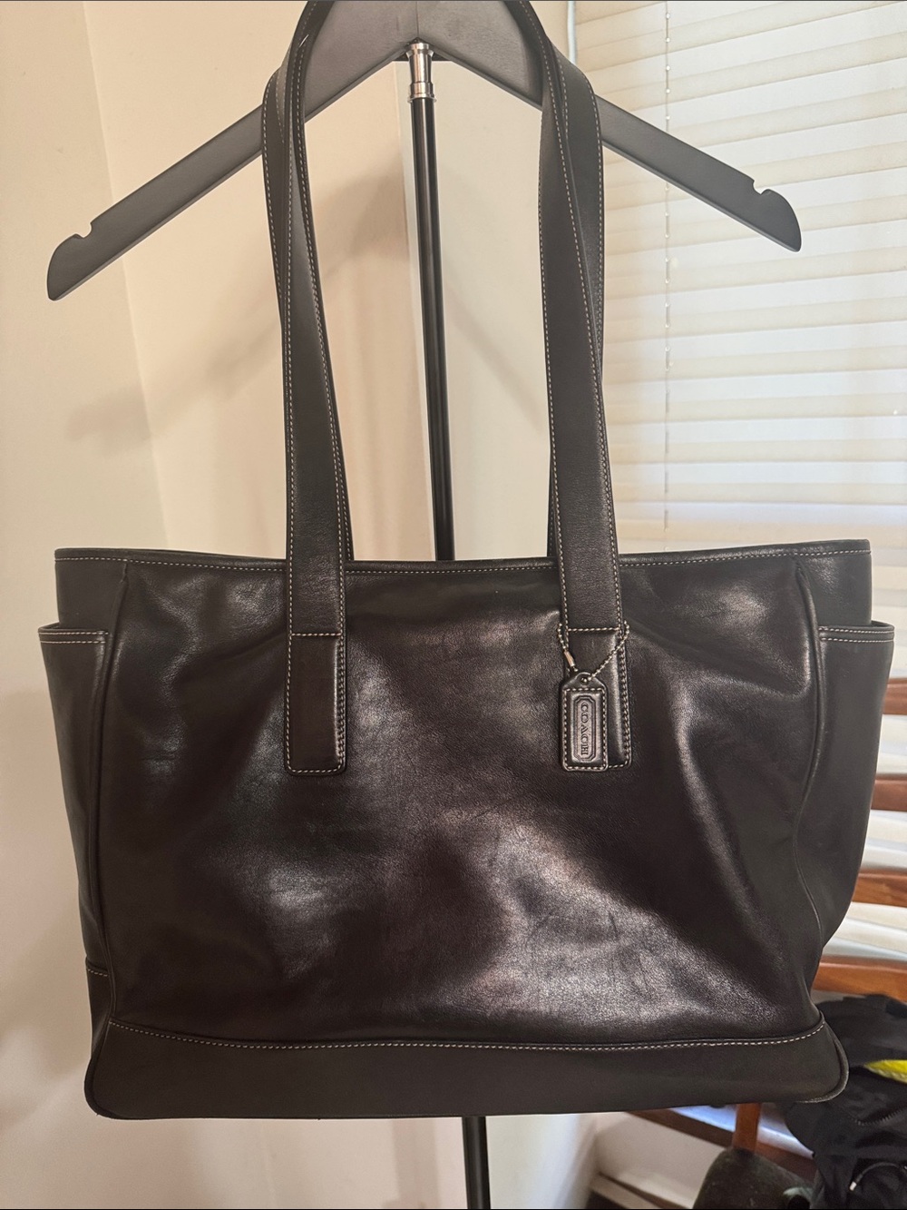 Coach Hampton Black Leather Tote with Signature Tag